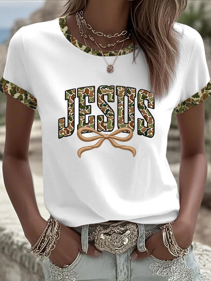 Women's Camouflage Jesus Print Casual T-shirt