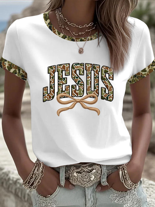 Women's Camouflage Jesus Print Casual T-shirt