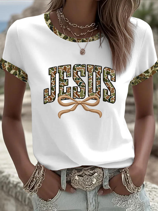 Women's Camouflage Jesus Print Casual T-shirt