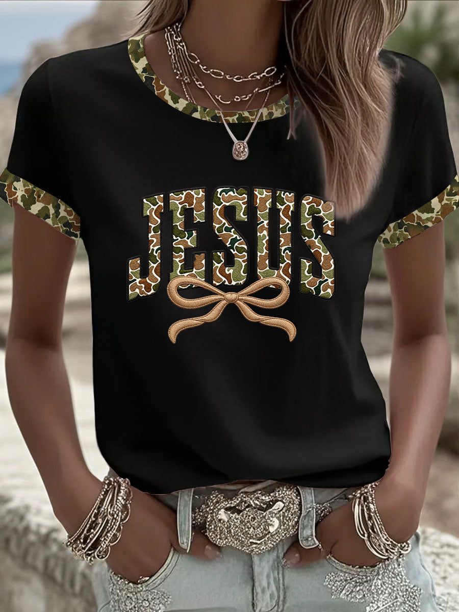 Women's Camouflage Jesus Print Casual T-shirt