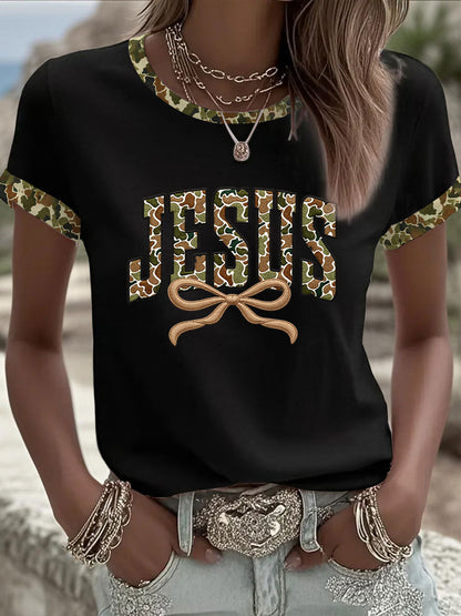 Women's Camouflage Jesus Print Casual T-shirt