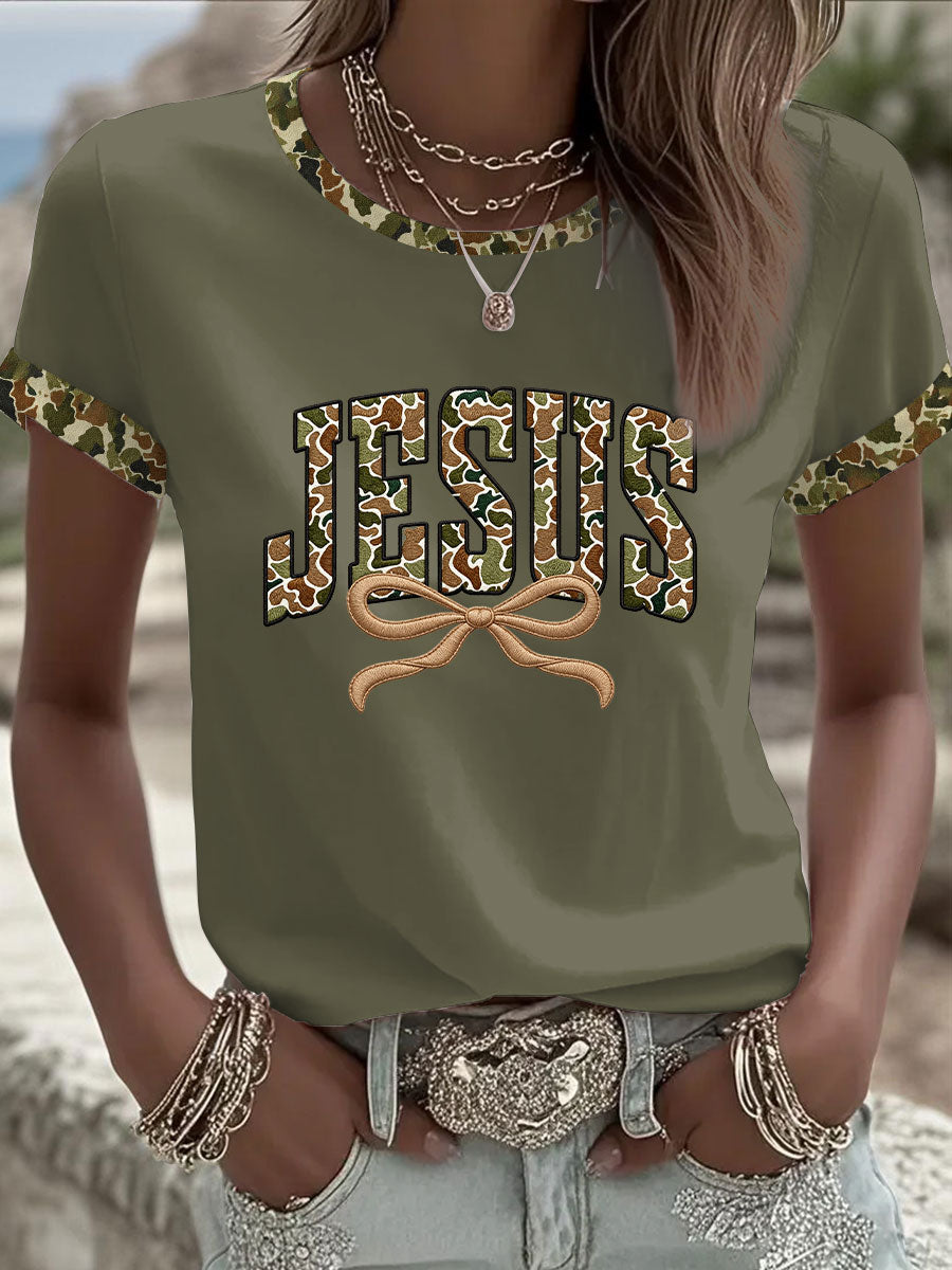 Women's Camouflage Jesus Print Casual T-shirt