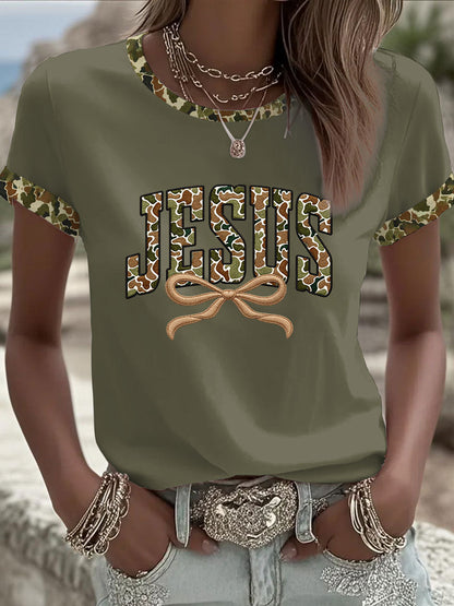 Women's Camouflage Jesus Print Casual T-shirt