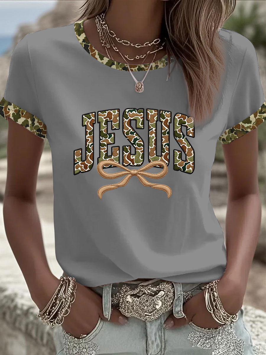 Women's Camouflage Jesus Print Casual T-shirt