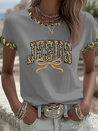Women's Camouflage Jesus Print Casual T-shirt