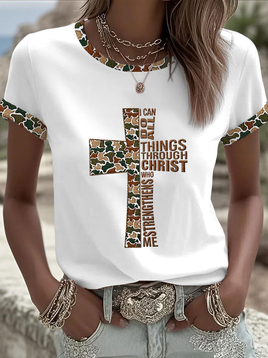 Women's Camouflage Cross Print Casual T-shirt