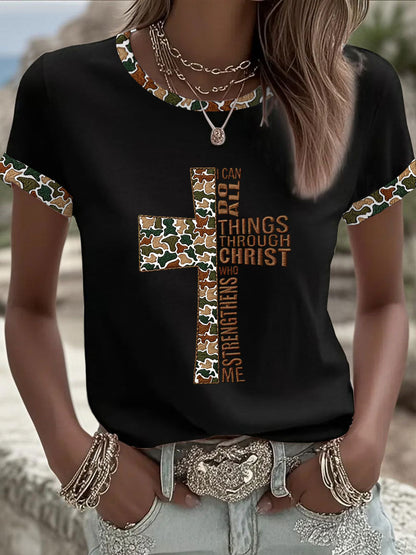 Women's Camouflage Cross Print Casual T-shirt