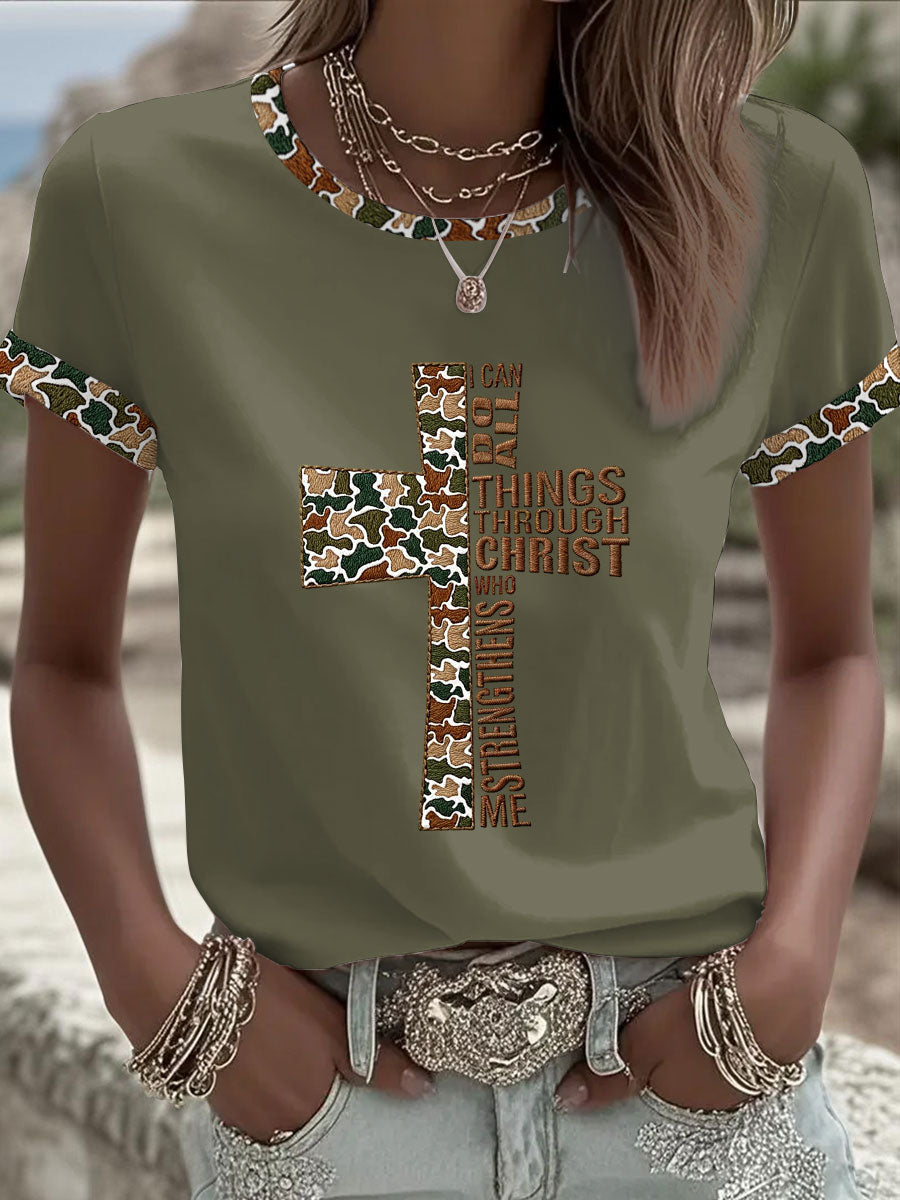 Women's Camouflage Cross Print Casual T-shirt