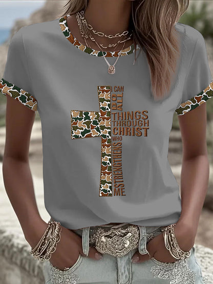 Women's Camouflage Cross Print Casual T-shirt