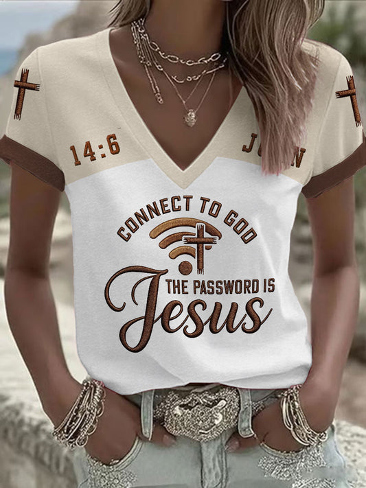 Women's "Connect To God,The Password IS Jesus" Print Casual short-sleeved T-shirt