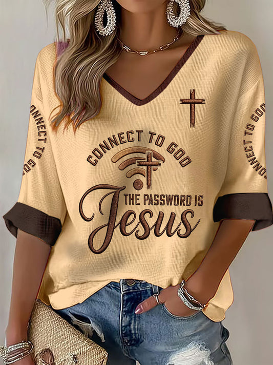 Women's "Connect To God,The Password IS Prayer" Print Casual Waffle T-shirt