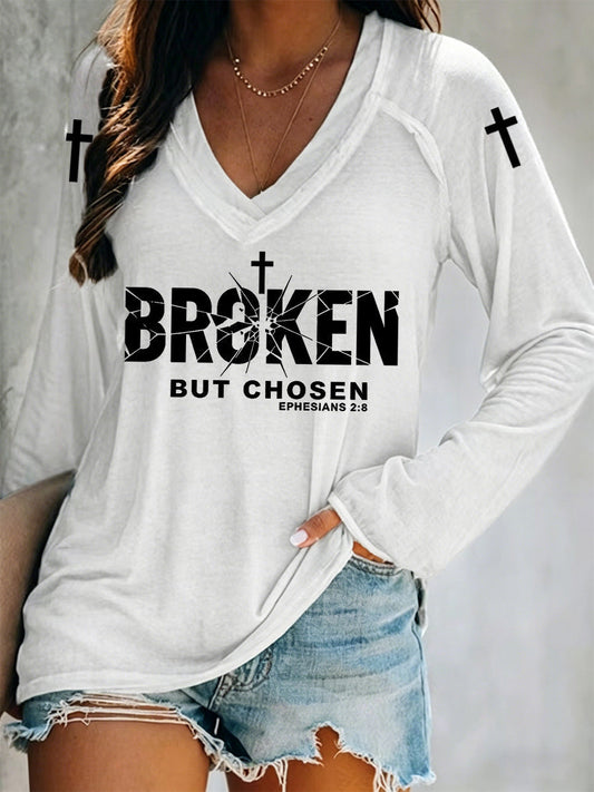 Women's Christian Cross Broken But Chosen Print V-neck  Long Sleeve Tee
