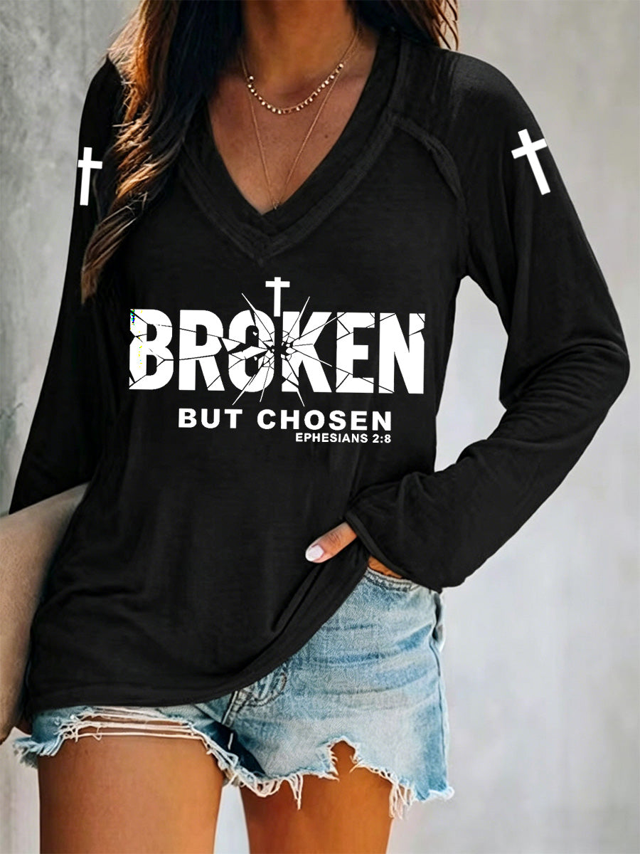 Women's Christian Cross Broken But Chosen Print V-neck  Long Sleeve Tee