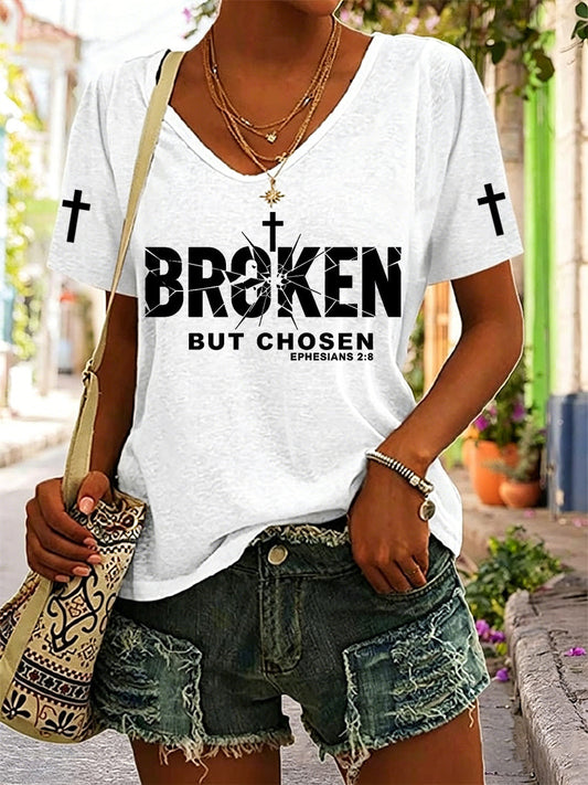 Women's Christian Cross Broken But Chosen Print V-neck Tee