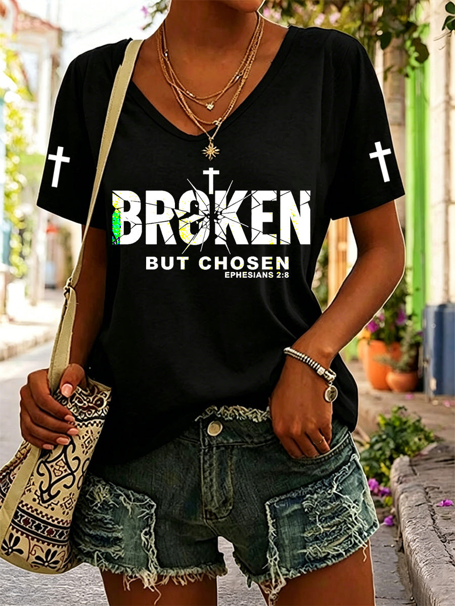 Women's Christian Cross Broken But Chosen Print V-neck Tee