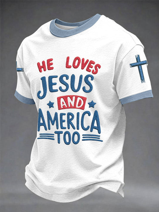 Men's"He Loves Jesus And Ameraca Too" Art Embroidery Print Unisex Casual T-shirt