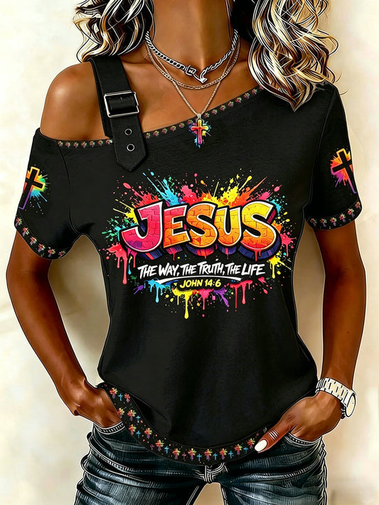 Women's Christian Jesus Cross Off-the-Shoulder Short-Sleeve T-Shirt