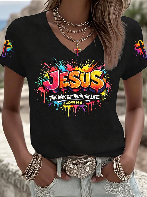 Women's Christian Jesus Cross Short Sleeve V-neck T-shirt
