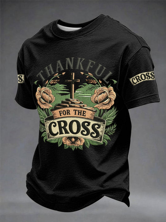 Men's"Thankful For The Cross" Art Embroidery Print Unisex Casual T-shirt