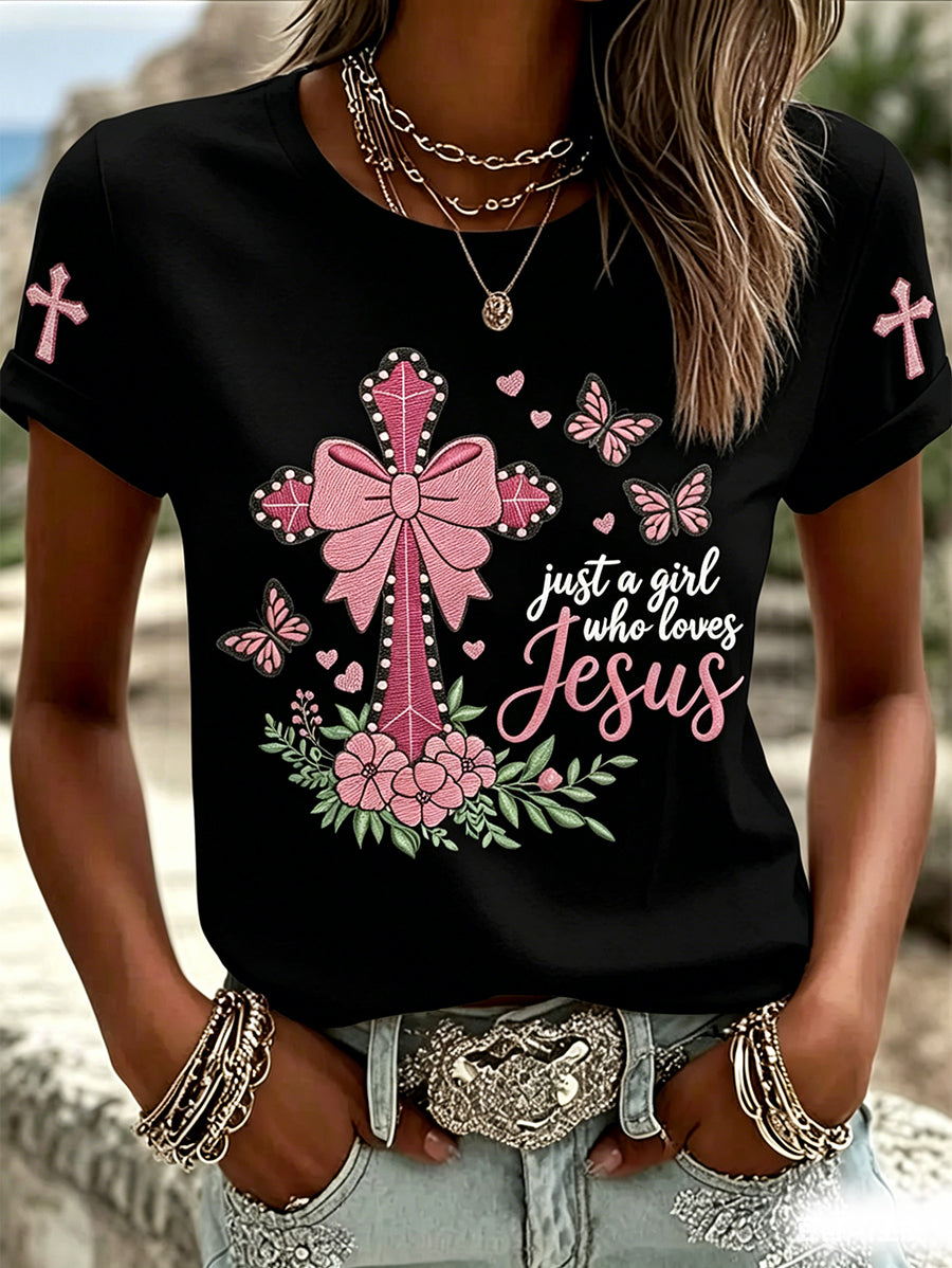 Women's Just A Girl Who Loves Jesus Print Casual Tee