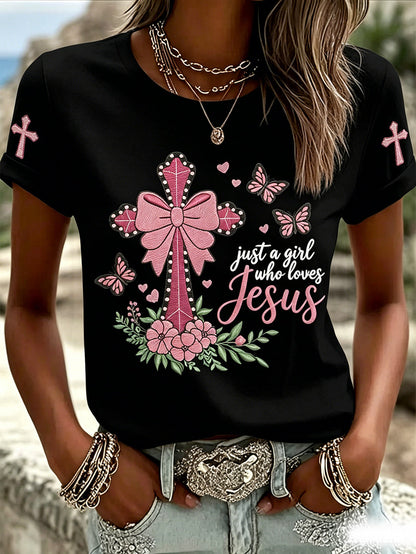 Women's Just A Girl Who Loves Jesus Print Casual Tee
