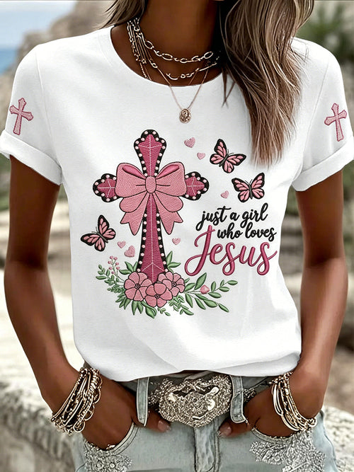 Women's Just A Girl Who Loves Jesus Print Casual Tee