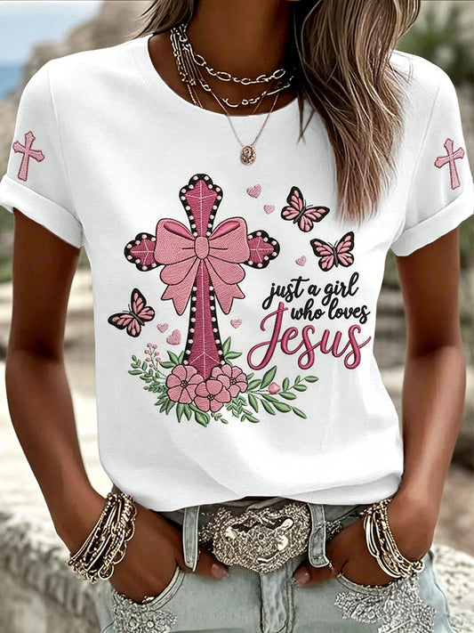 Women's Just A Girl Who Loves Jesus Print Casual Tee