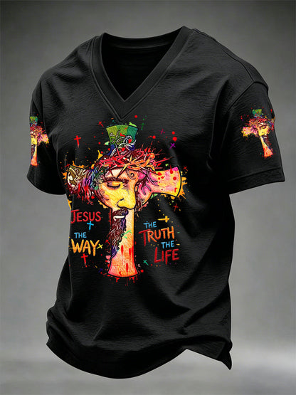 Men's Jesus The Way The Truth The Life Print Casual V-Neck Tee
