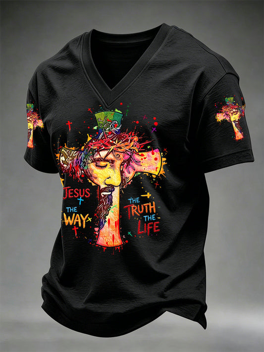 Men's Jesus The Way The Truth The Life Print Casual V-Neck Tee