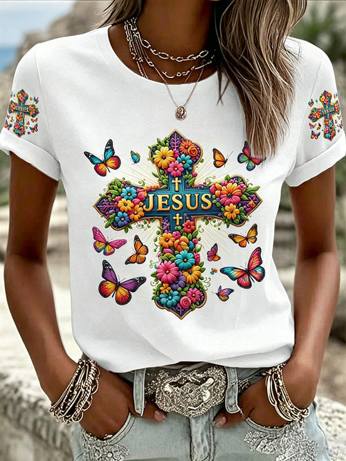 Women's Jesus Cross Butterflies Print Casual Tee