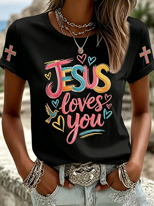 Women's Jesus Loves You Print Casual Tee