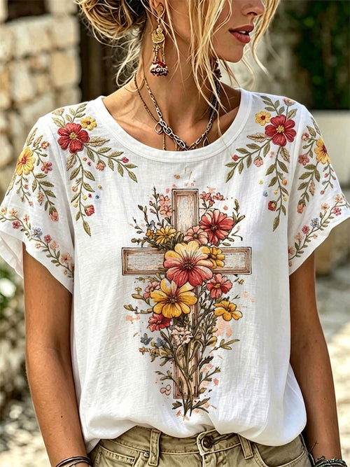 Women's Floral Christian Cross Print Tee
