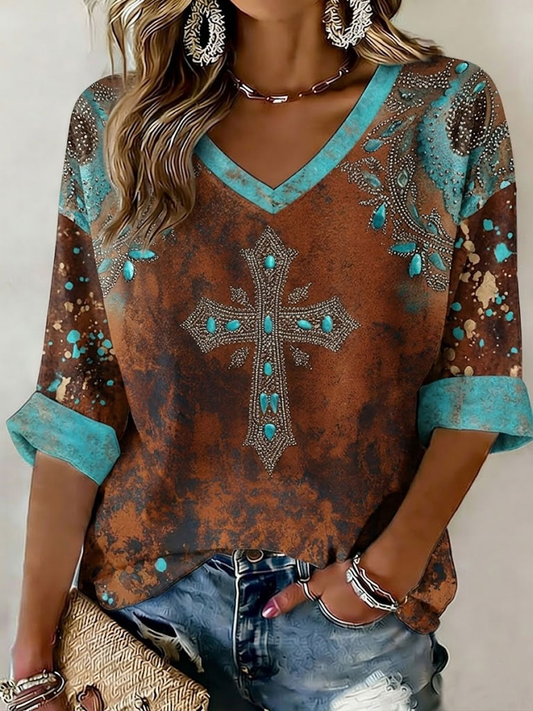 Women's Western-style faith print Mid-length Sleeves V-Neck T-Shirt
