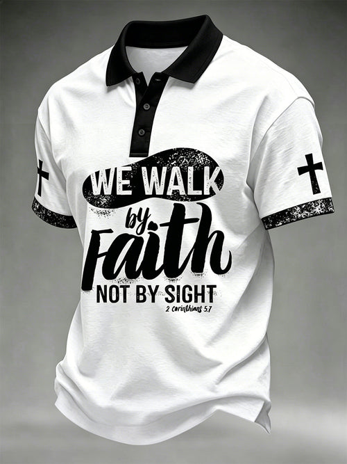 Men's Christian Cross We Walk By Faith Not By Sight Print Polo