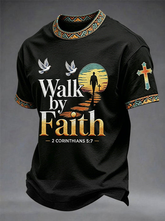 Men's Christian Cross Walk By Faith Not By Sight Print Tee