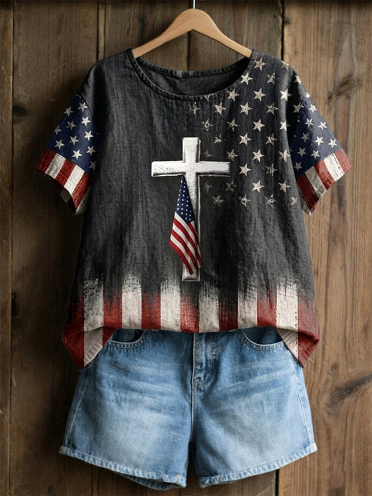 Women's Christian Jesus Flag Cross Linen Short Sleeves Top