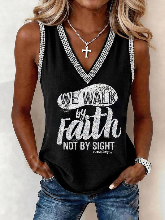 Women's Christian Cross We Walk By Faith Not By Sight Print V-Neck Vests