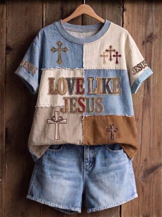 Women's Christian Love Like Jesus Cross Linen Short Sleeves Top