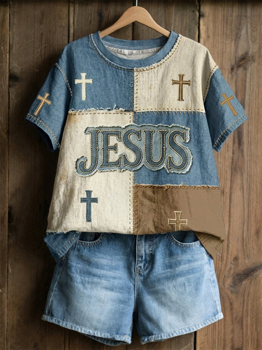 Women's Christian Jesus Cross Linen Short Sleeves Top