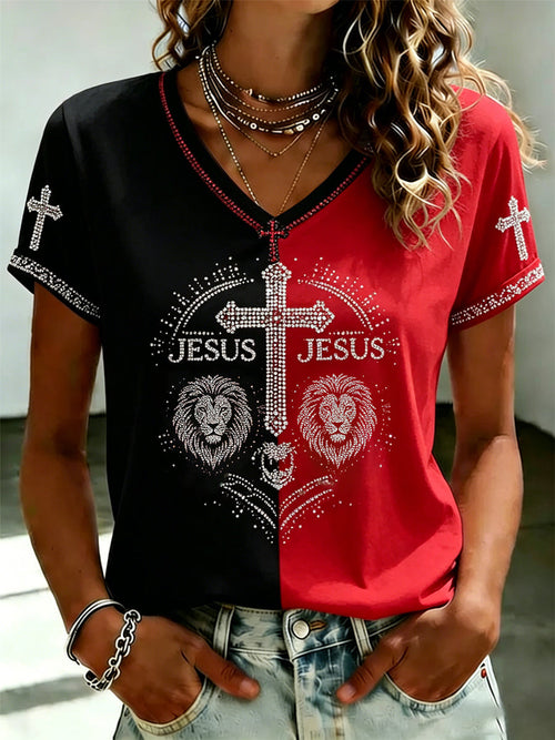 Women's JESUS Printed V-neck T-shirt