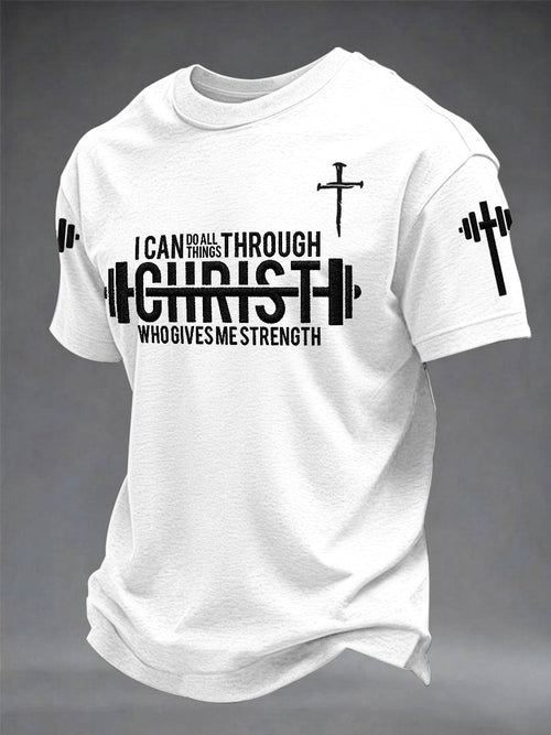 Men’s“I Can Do All Things  Through Christ Who Gives Me Strength” Christian Fitness Casual Printed T-shirt