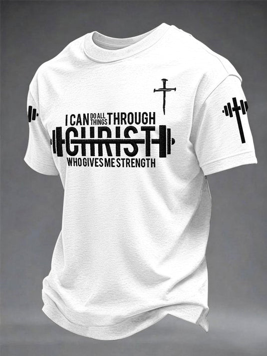 Men’s“I Can Do All Things  Through Christ Who Gives Me Strength” Christian Fitness Casual Printed T-shirt