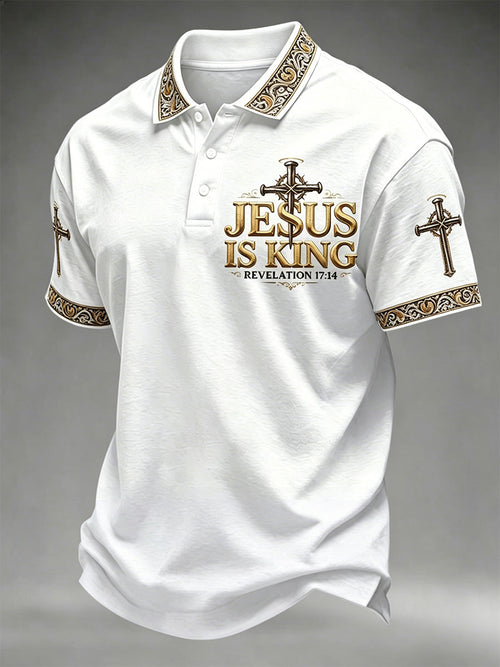 Men's Christian Cross Jesus Is King Print Polo