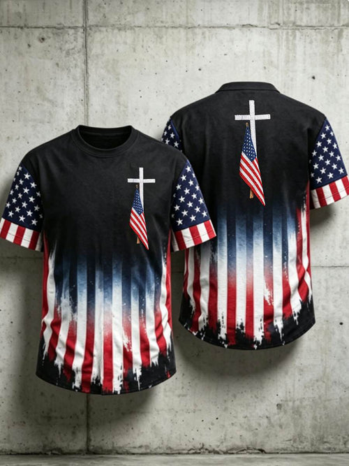 Men's USA Flag Hawaiian Shirt Cross Patriotic American Faith Tee