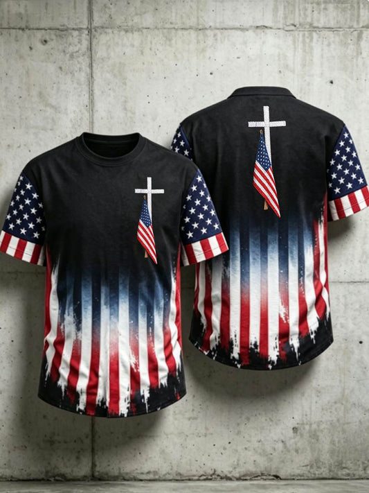 Men's USA Flag Hawaiian Shirt Cross Patriotic American Faith Tee