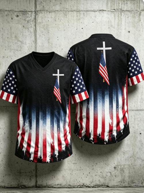 Men's USA Flag Hawaiian Shirt Cross Patriotic American Faith V-neck Tee