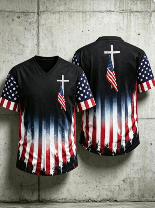 Men's USA Flag Hawaiian Shirt Cross Patriotic American Faith V-neck Tee