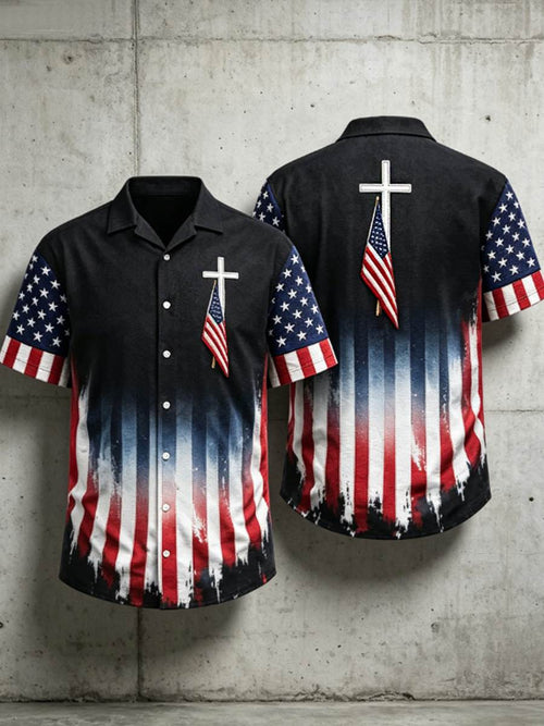 Men's USA Flag Hawaiian Shirt Cross Patriotic American Faith Shirt