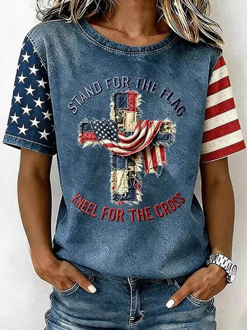 Women's America Independence Day Flag Art Print Short Sleeve T-shirt
