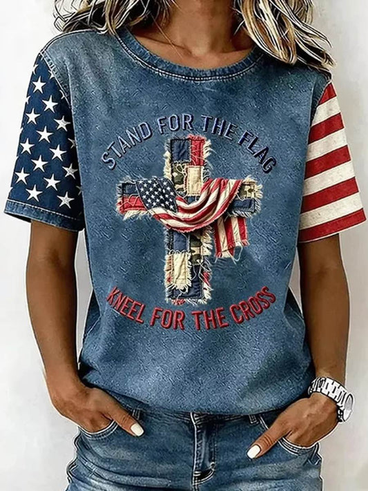 Women's America Independence Day Flag Art Print Short Sleeve T-shirt